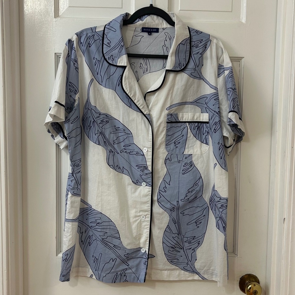 Katie Kime Pajama Top Sz XL Blue 100% Cotton Banana Leaf Tropical Chic Coastal